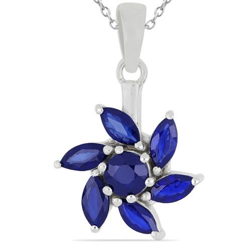 BUY STERLING  SILVER NATURAL BLUE SAPPHIRE GEMSTONE FLOWER PENDANT